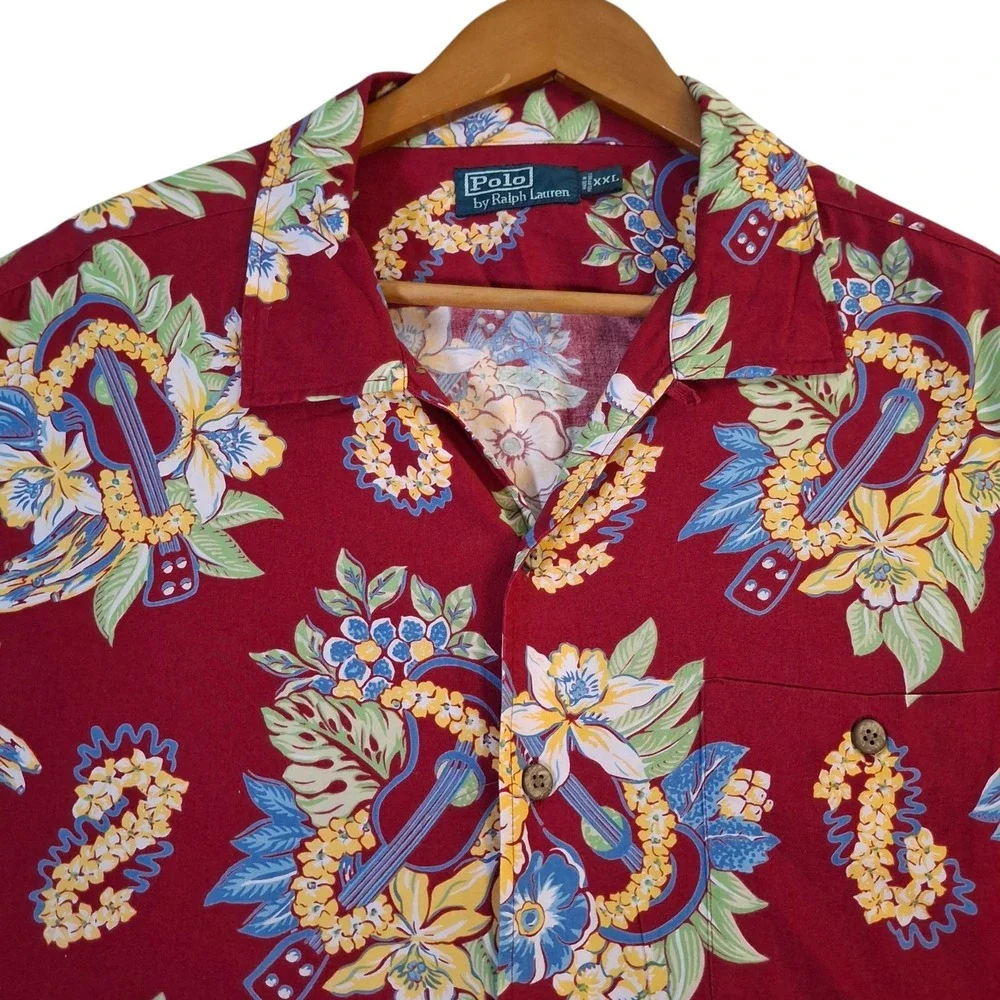 VTG Polo Ralph Lauren Hawaiian Shirt Men's 2XL Red Flower & Guitars Button Up